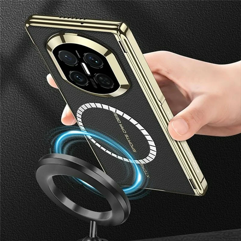 GKK For Huawei Mate X7 Magnetic Case Dual Central Axis Hinge Protection Litchi Texture PU TPU PC Kickstand Phone Cover - Black