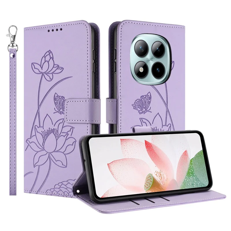 For Xiaomi Redmi Note 15 Pro 4G (Global) Case Wallet Stand Lotus Imprint Leather Phone Cover with Wrist Strap - Purple