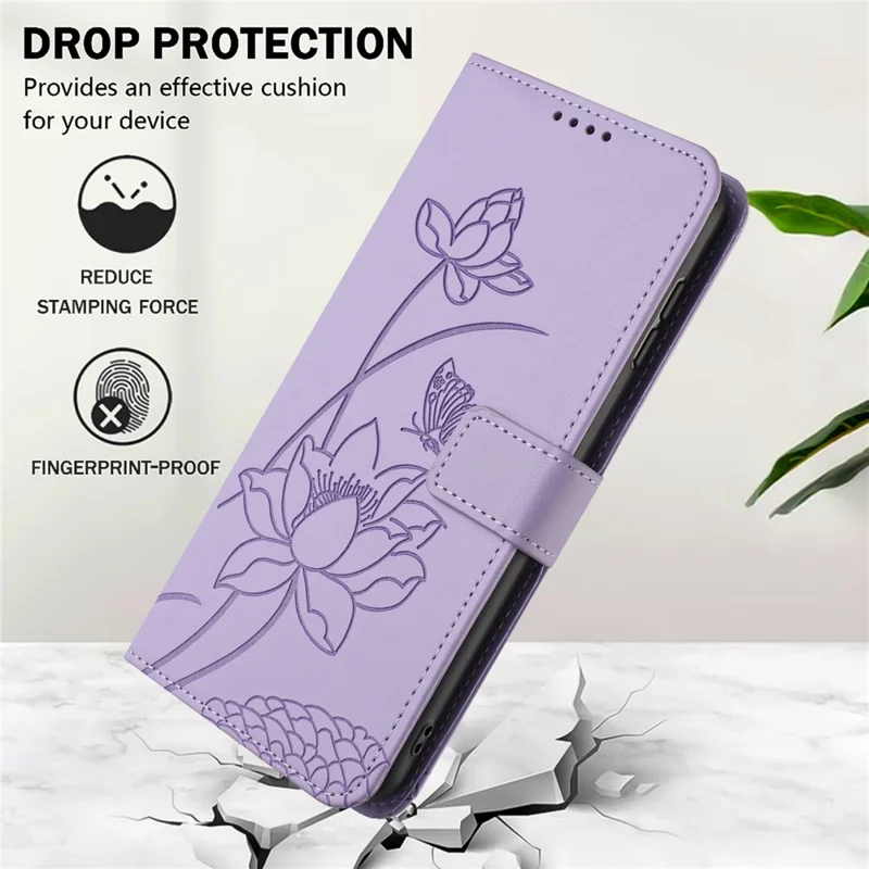 For Xiaomi Redmi Note 15 Pro 4G (Global) Case Wallet Stand Lotus Imprint Leather Phone Cover with Wrist Strap - Purple