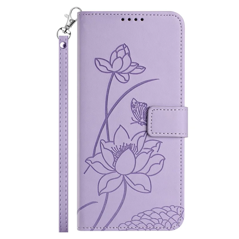 For Xiaomi Redmi Note 15 Pro 4G (Global) Case Wallet Stand Lotus Imprint Leather Phone Cover with Wrist Strap - Purple