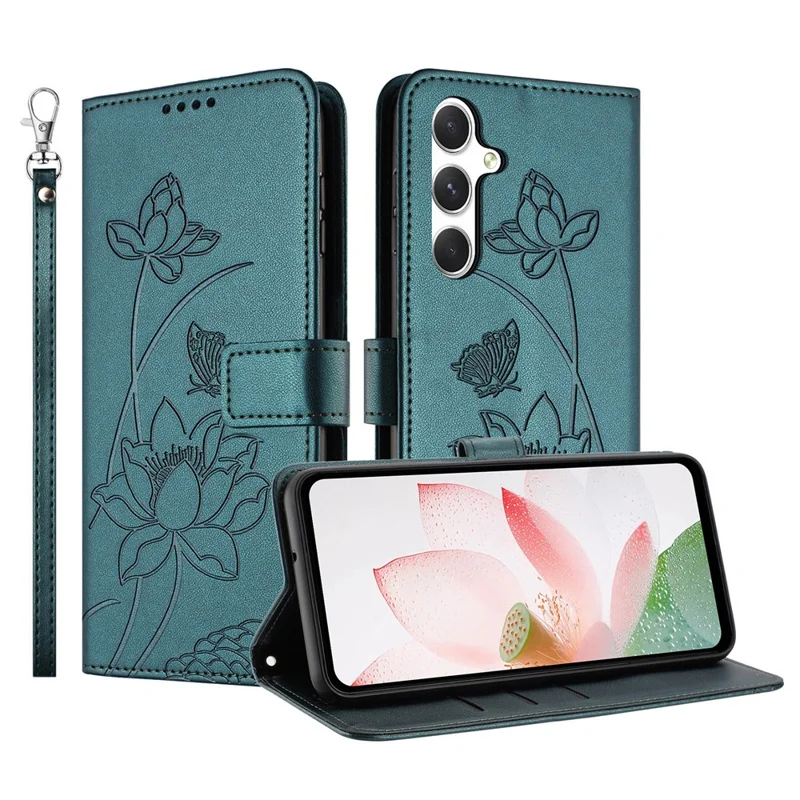 For Samsung Galaxy A57 5G Case Wallet Stand Lotus Imprint Leather Phone Cover with Wrist Strap - Dark Green