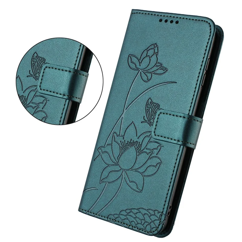 For Samsung Galaxy A57 5G Case Wallet Stand Lotus Imprint Leather Phone Cover with Wrist Strap - Dark Green