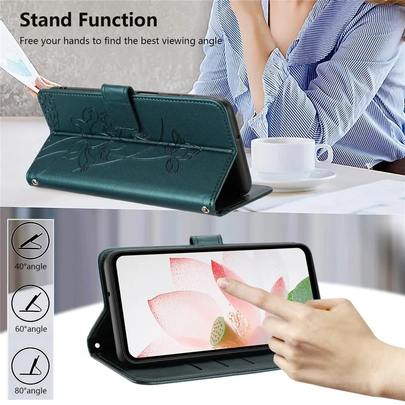 For Samsung Galaxy A57 5G Case Wallet Stand Lotus Imprint Leather Phone Cover with Wrist Strap - Dark Green