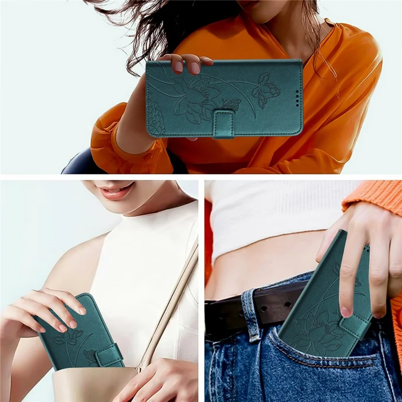 For Samsung Galaxy A57 5G Case Wallet Stand Lotus Imprint Leather Phone Cover with Wrist Strap - Dark Green
