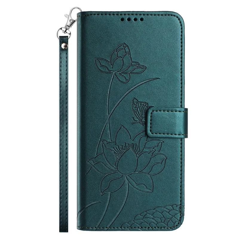 For Samsung Galaxy A57 5G Case Wallet Stand Lotus Imprint Leather Phone Cover with Wrist Strap - Dark Green
