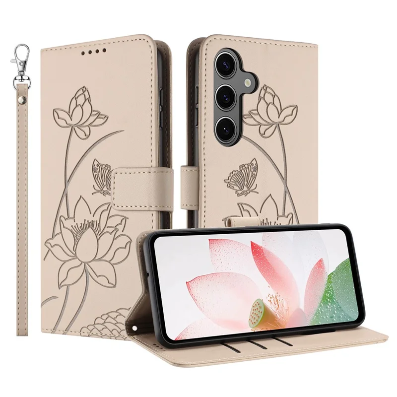 For Samsung Galaxy S26  /  S26 Pro Case Wallet Stand Lotus Imprint Leather Phone Cover with Wrist Strap - Beige