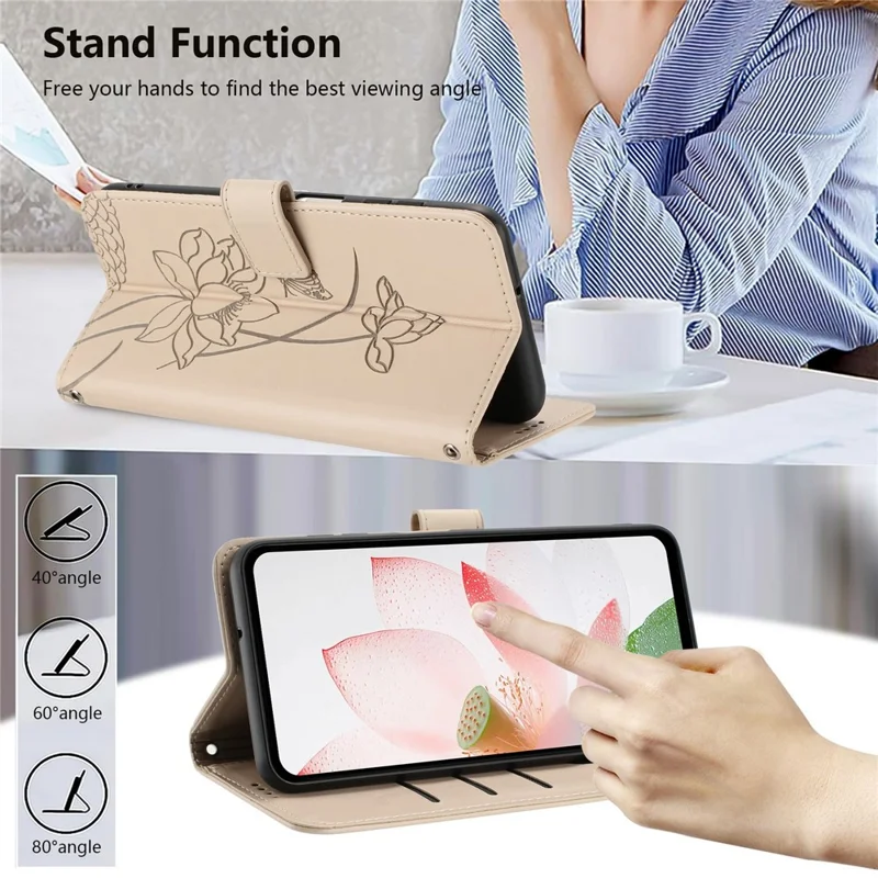 For Samsung Galaxy S26  /  S26 Pro Case Wallet Stand Lotus Imprint Leather Phone Cover with Wrist Strap - Beige