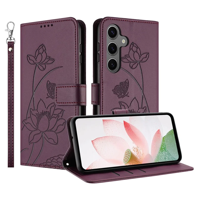 For Samsung Galaxy S26+ Case Wallet Stand Lotus Imprint Leather Phone Cover with Wrist Strap - Wine Red