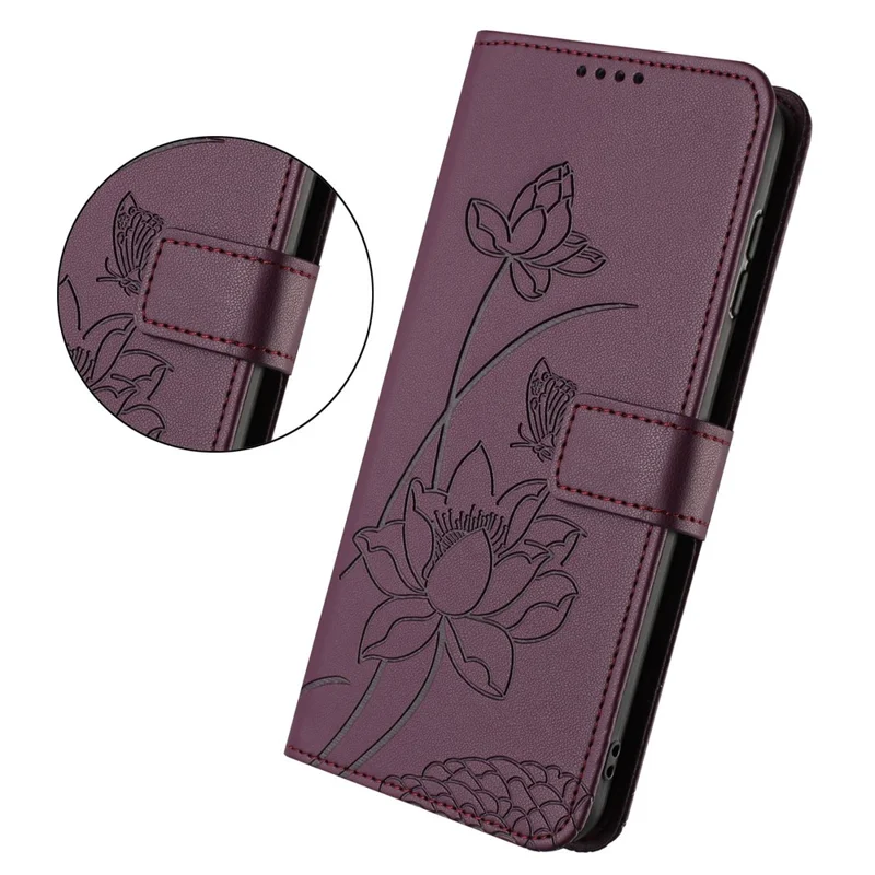 For Samsung Galaxy S26+ Case Wallet Stand Lotus Imprint Leather Phone Cover with Wrist Strap - Wine Red