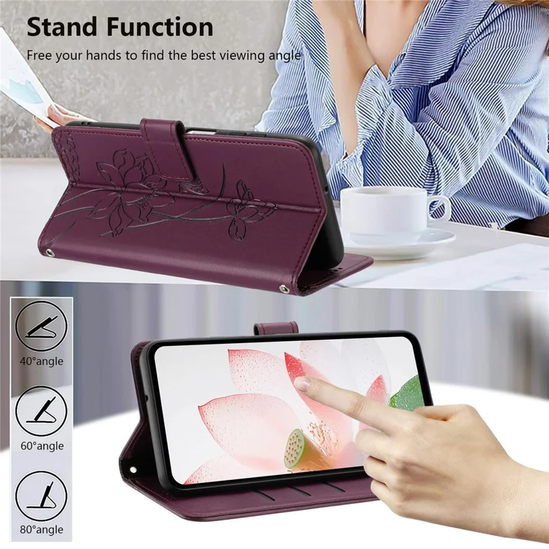For Samsung Galaxy S26+ Case Wallet Stand Lotus Imprint Leather Phone Cover with Wrist Strap - Wine Red