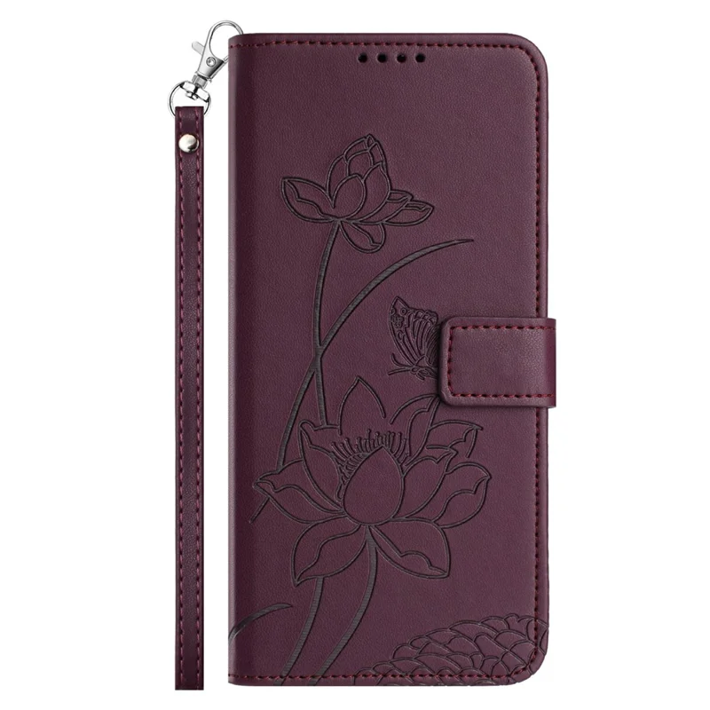 For Samsung Galaxy S26+ Case Wallet Stand Lotus Imprint Leather Phone Cover with Wrist Strap - Wine Red