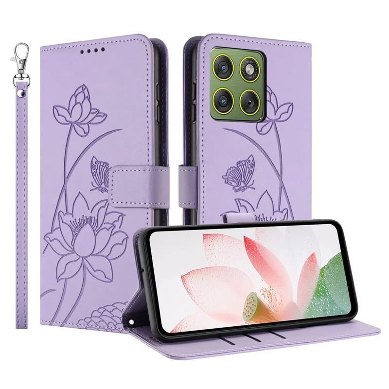 For Motorola Edge 70 5G Case Wallet Stand Lotus Imprint Leather Phone Cover with Wrist Strap - Purple