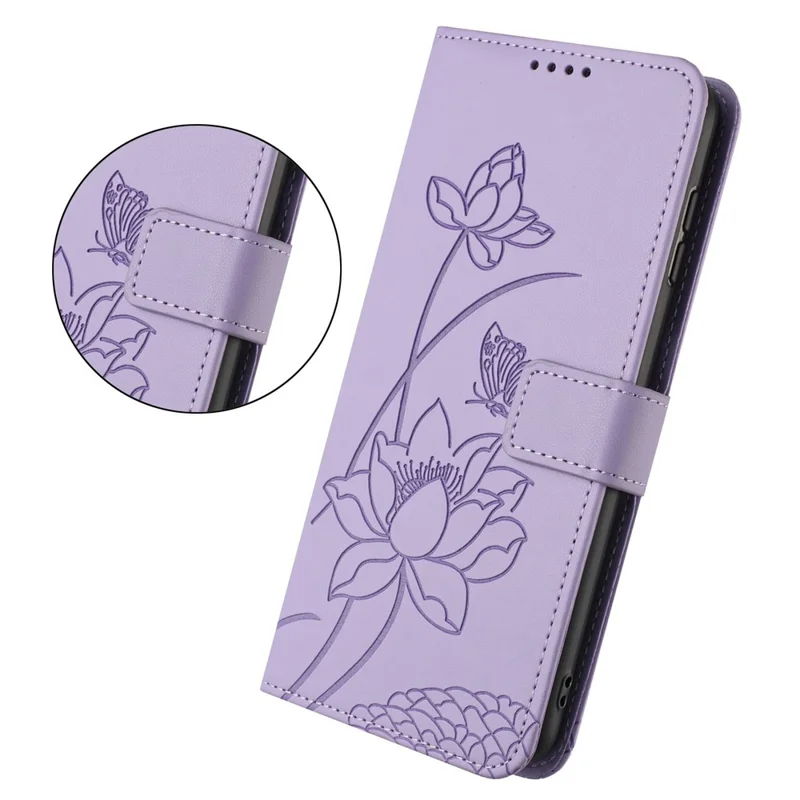 For Motorola Edge 70 5G Case Wallet Stand Lotus Imprint Leather Phone Cover with Wrist Strap - Purple