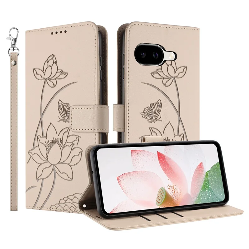 For Google Pixel 10a Case Wallet Stand Lotus Imprint Leather Phone Cover with Wrist Strap - Beige