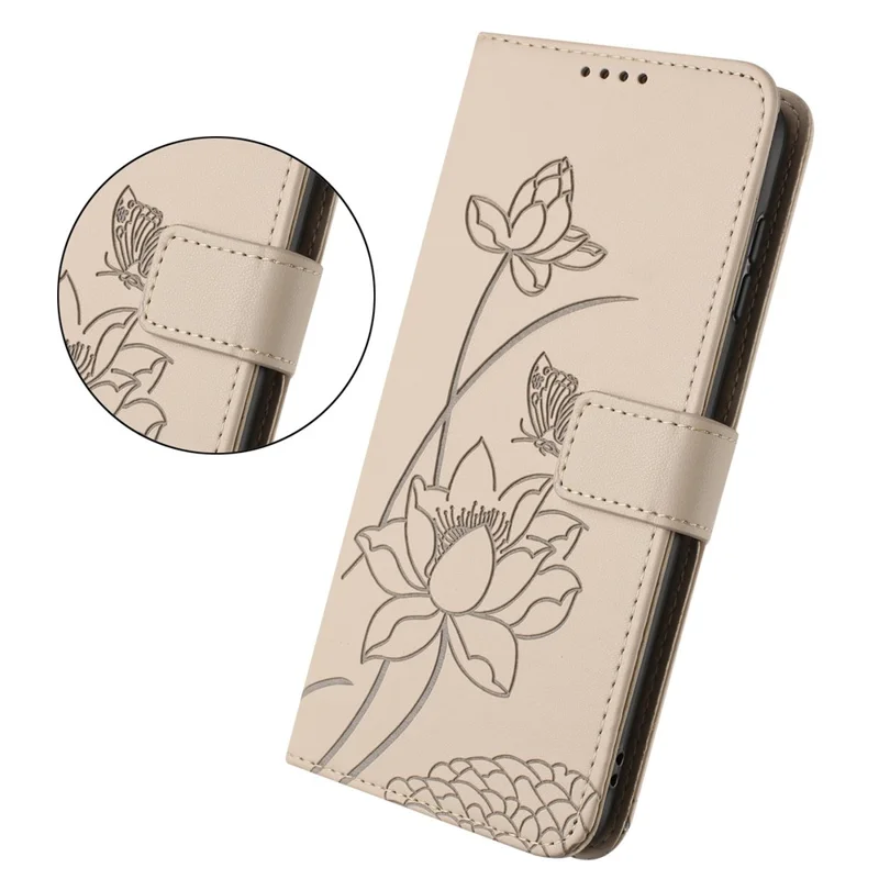 For Google Pixel 10a Case Wallet Stand Lotus Imprint Leather Phone Cover with Wrist Strap - Beige