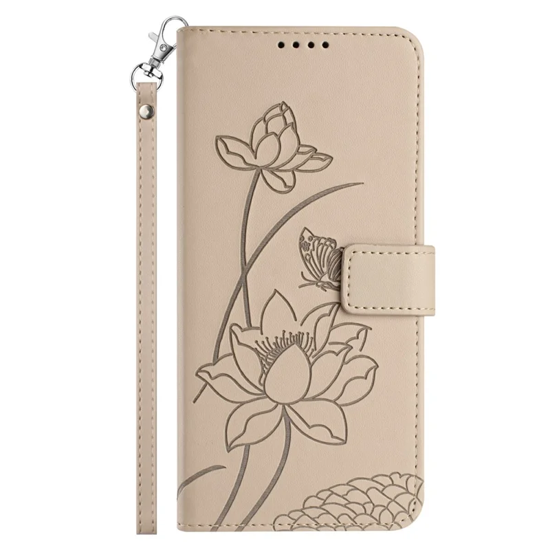 For Google Pixel 10a Case Wallet Stand Lotus Imprint Leather Phone Cover with Wrist Strap - Beige