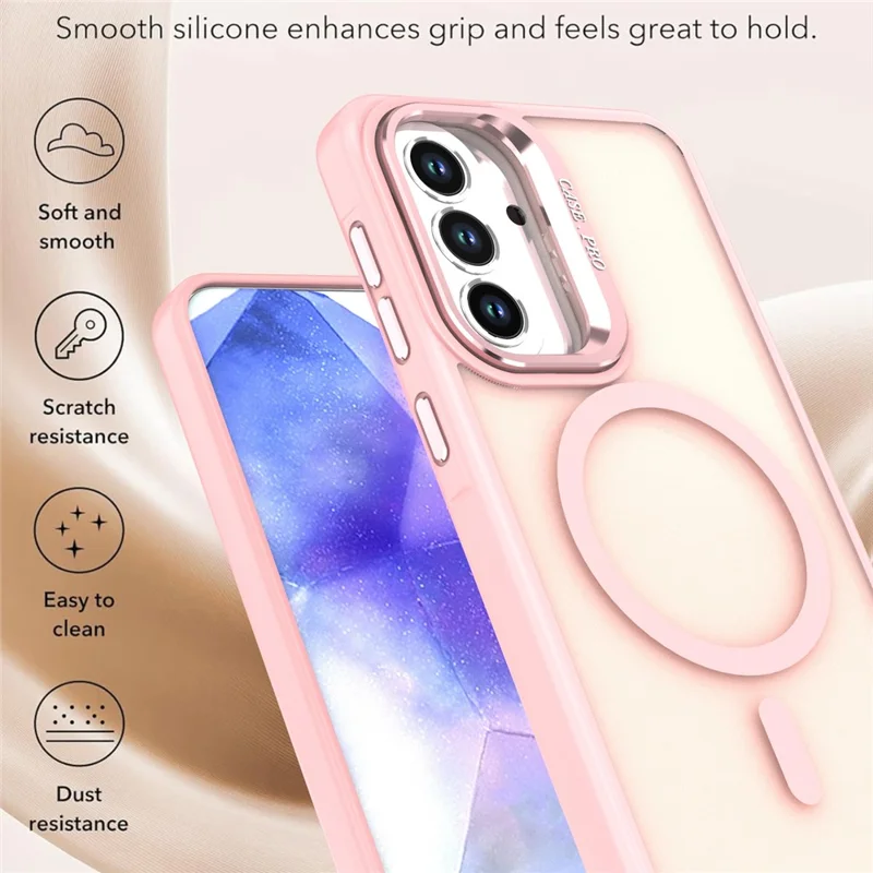 For Samsung Galaxy A55 5G Magnetic Case Foldable Kickstand Matte PC + TPU Phone Cover - Pink