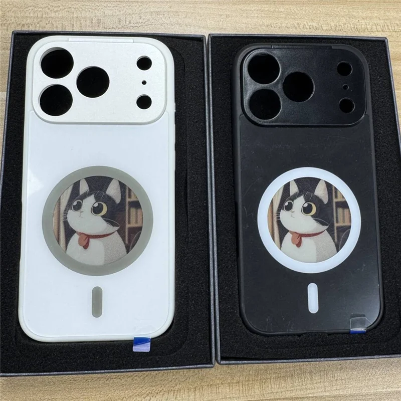 For iPhone 17 Pro Max Magnetic Case 4 Colors NFC DIY Customized Round Screen Smart E-Ink Phone Cover - White