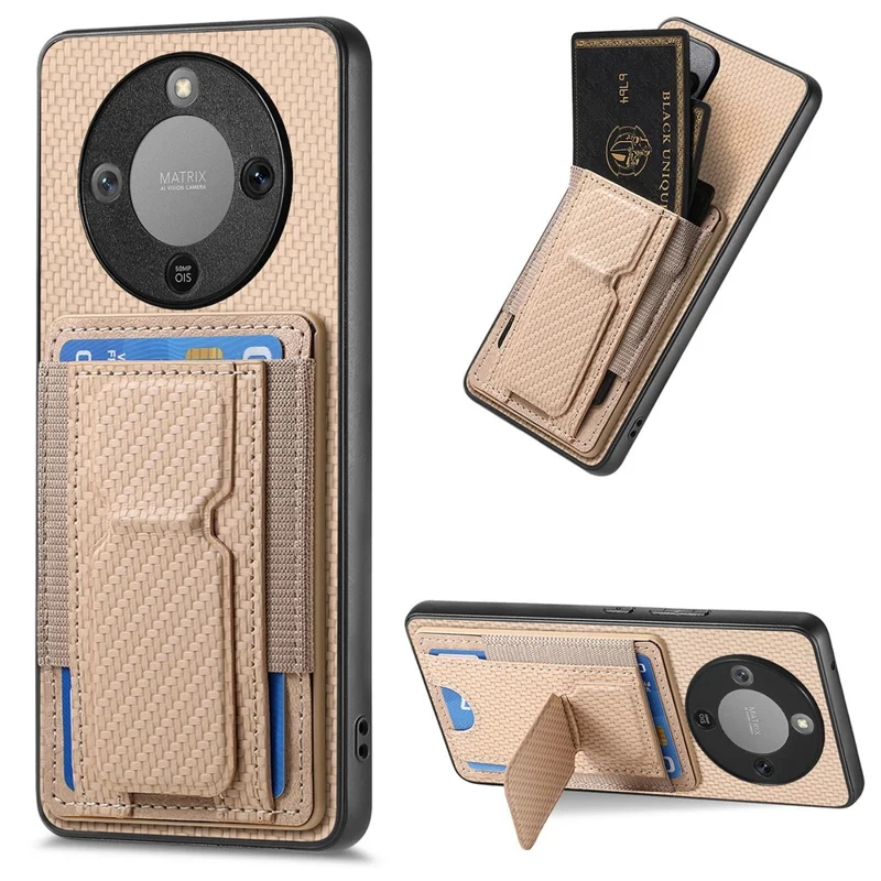 Phone Case For Honor Magic8 Lite 5G  /  X9d 5G  /  X70 5G Fiber Pattern Leather Back Cover with Card Holder Kickstand - Beige