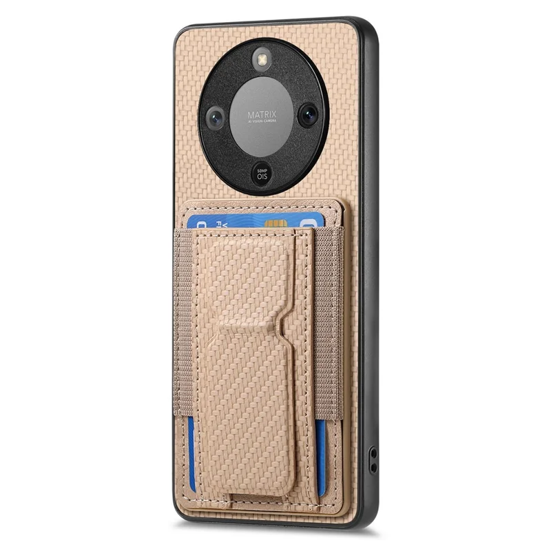 Phone Case For Honor Magic8 Lite 5G  /  X9d 5G  /  X70 5G Fiber Pattern Leather Back Cover with Card Holder Kickstand - Beige