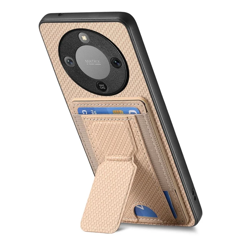 Phone Case For Honor Magic8 Lite 5G  /  X9d 5G  /  X70 5G Fiber Pattern Leather Back Cover with Card Holder Kickstand - Beige