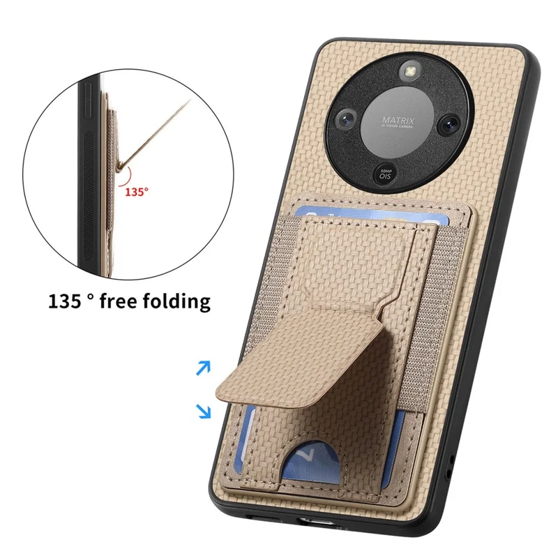 Phone Case For Honor Magic8 Lite 5G  /  X9d 5G  /  X70 5G Fiber Pattern Leather Back Cover with Card Holder Kickstand - Beige
