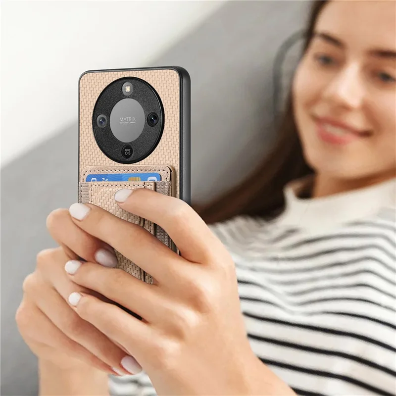 Phone Case For Honor Magic8 Lite 5G  /  X9d 5G  /  X70 5G Fiber Pattern Leather Back Cover with Card Holder Kickstand - Beige