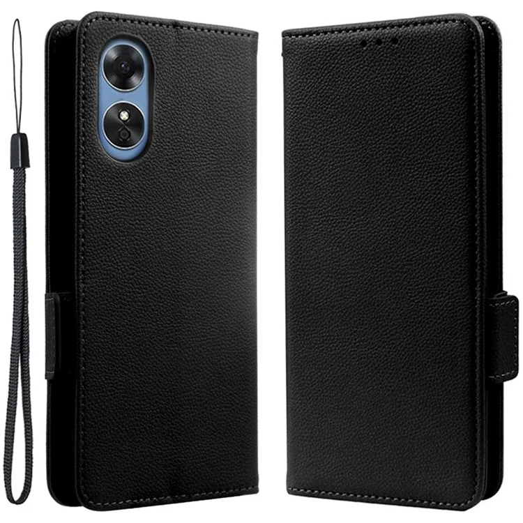 Per Oppo A17 4G / A17k 4G Litchi Texture PU Cheth Cheth, Portafoglio Stand Doppio Coperchio Per Telefono Protettivo Magnetico Con Cinturino - Nero