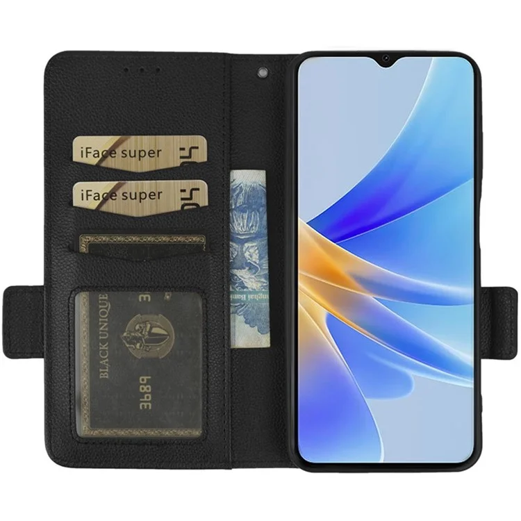 Per Oppo A17 4G / A17k 4G Litchi Texture PU Cheth Cheth, Portafoglio Stand Doppio Coperchio Per Telefono Protettivo Magnetico Con Cinturino - Nero