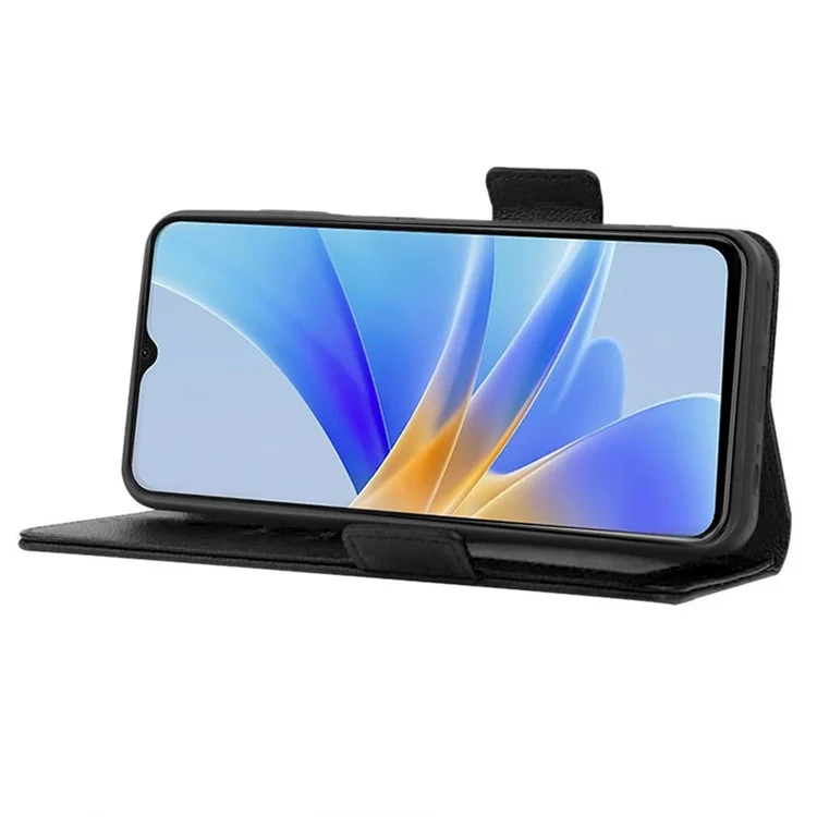 Per Oppo A17 4G / A17k 4G Litchi Texture PU Cheth Cheth, Portafoglio Stand Doppio Coperchio Per Telefono Protettivo Magnetico Con Cinturino - Nero