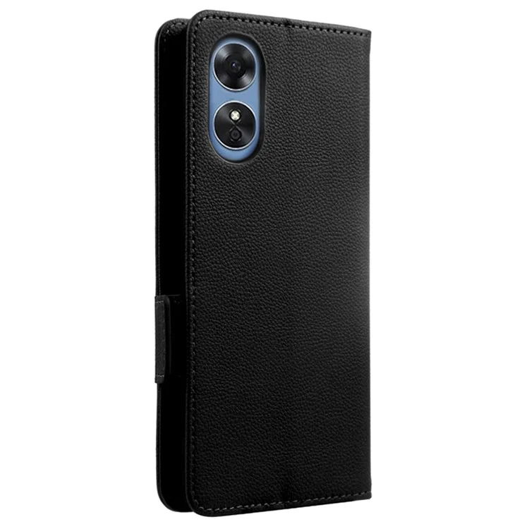 Per Oppo A17 4G / A17k 4G Litchi Texture PU Cheth Cheth, Portafoglio Stand Doppio Coperchio Per Telefono Protettivo Magnetico Con Cinturino - Nero