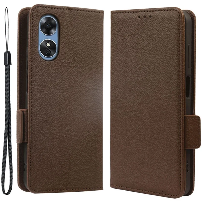 For Oppo A17 4G / A17k 4G Litchi Texture PU Leather Shell, Wallet Case Stand Dual Magnetic Clasp Protective Phone Cover with Strap - Brown