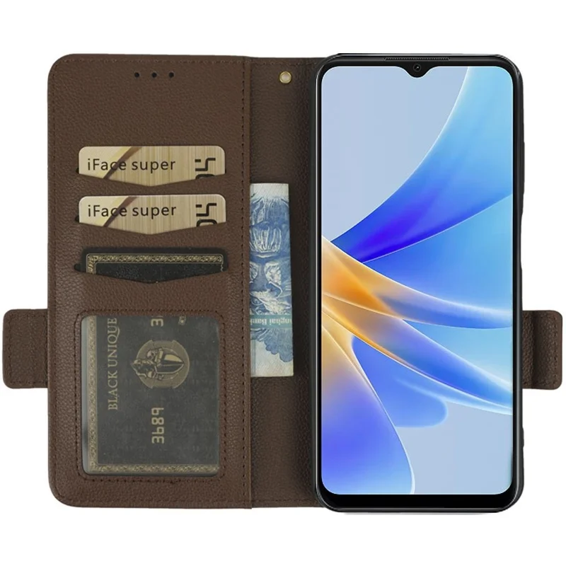 For Oppo A17 4G / A17k 4G Litchi Texture PU Leather Shell, Wallet Case Stand Dual Magnetic Clasp Protective Phone Cover with Strap - Brown