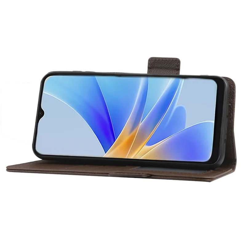 For Oppo A17 4G / A17k 4G Litchi Texture PU Leather Shell, Wallet Case Stand Dual Magnetic Clasp Protective Phone Cover with Strap - Brown