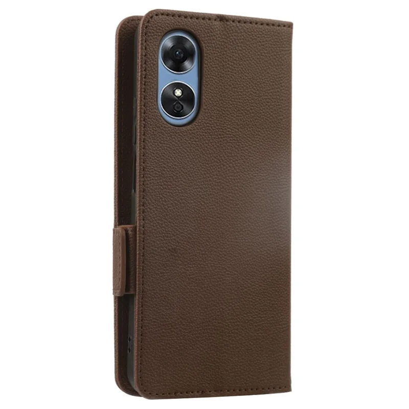 For Oppo A17 4G / A17k 4G Litchi Texture PU Leather Shell, Wallet Case Stand Dual Magnetic Clasp Protective Phone Cover with Strap - Brown