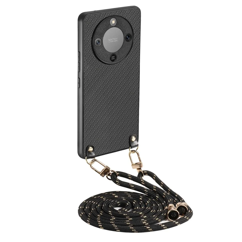 Hybrid Phone Case For Honor Magic8 Lite 5G  /  X9d 5G  /  X70 5G Carbon Fiber Texture Back Cover with Adjustable Strap - Black