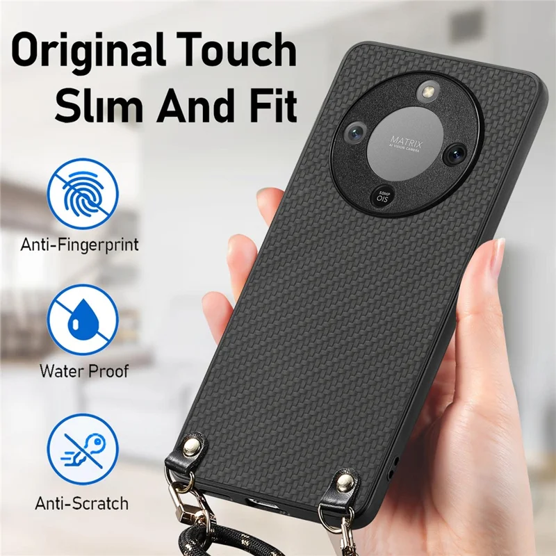Hybrid Phone Case For Honor Magic8 Lite 5G  /  X9d 5G  /  X70 5G Carbon Fiber Texture Back Cover with Adjustable Strap - Black
