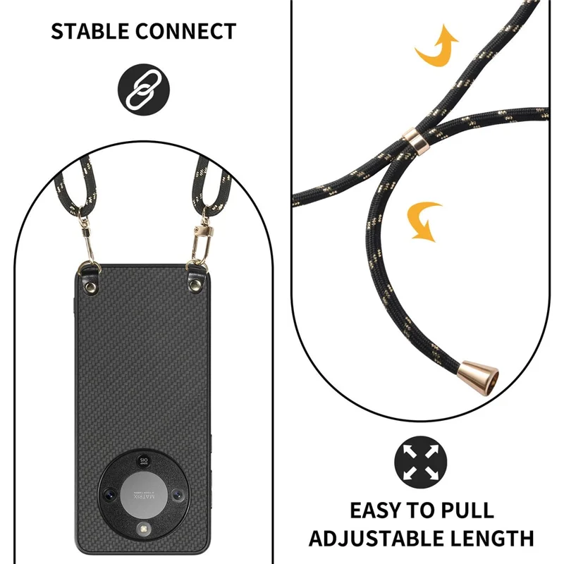 Hybrid Phone Case For Honor Magic8 Lite 5G  /  X9d 5G  /  X70 5G Carbon Fiber Texture Back Cover with Adjustable Strap - Black