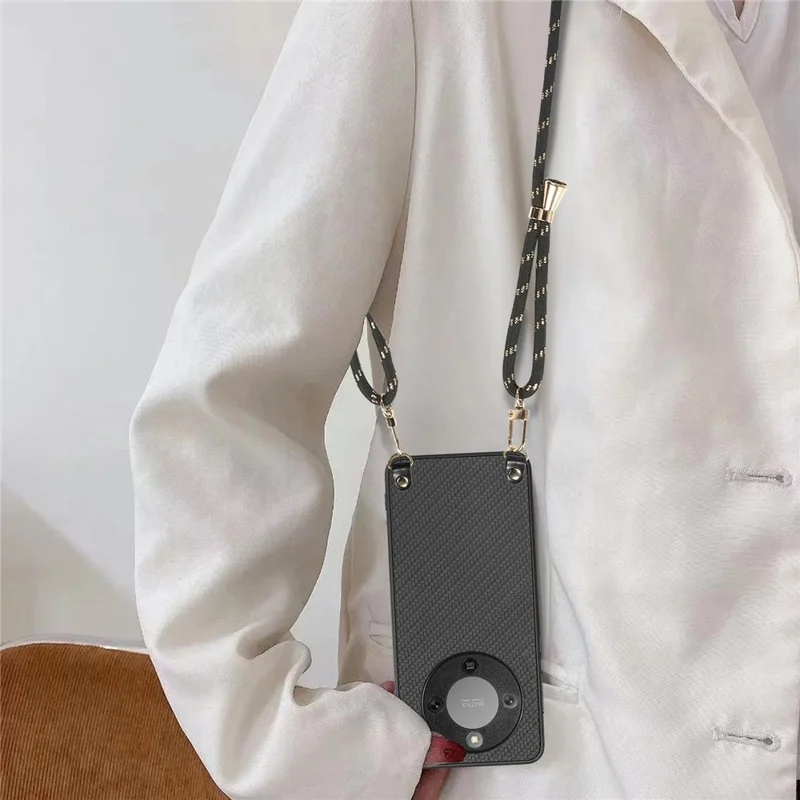 Hybrid Phone Case For Honor Magic8 Lite 5G  /  X9d 5G  /  X70 5G Carbon Fiber Texture Back Cover with Adjustable Strap - Black