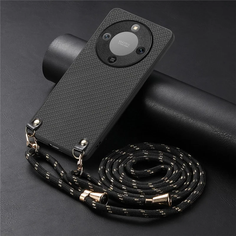Hybrid Phone Case For Honor Magic8 Lite 5G  /  X9d 5G  /  X70 5G Carbon Fiber Texture Back Cover with Adjustable Strap - Black