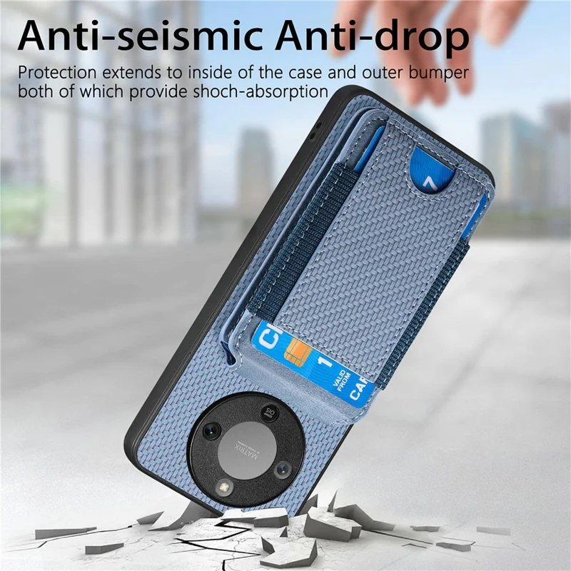 Phone Case For Honor Magic8 Lite 5G  /  X9d 5G  /  X70 5G Fiber Texture Flip Card Holder Kickstand Leather Back Cover - Blue