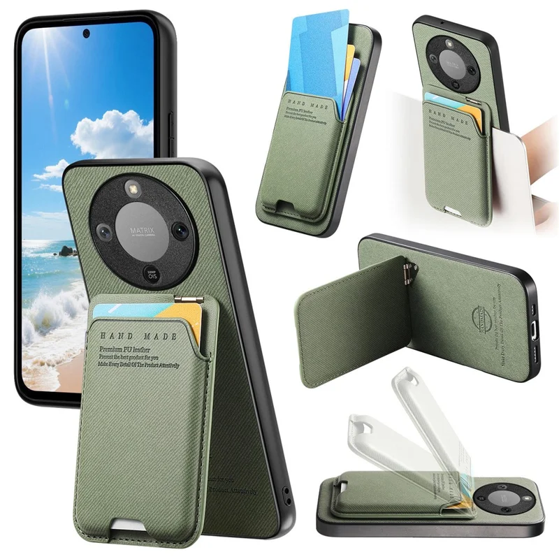 Phone Case For Honor Magic8 Lite 5G  /  X9d 5G  /  X70 5G Cloth Texture Leather + PC + TPU Cover with Card Holder Kickstand - Green