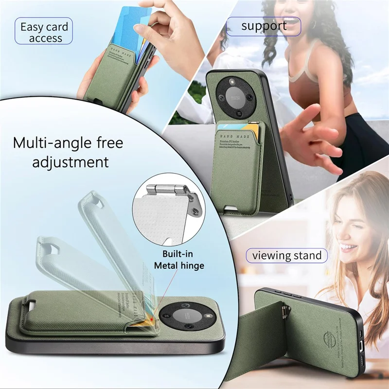 Phone Case For Honor Magic8 Lite 5G  /  X9d 5G  /  X70 5G Cloth Texture Leather + PC + TPU Cover with Card Holder Kickstand - Green