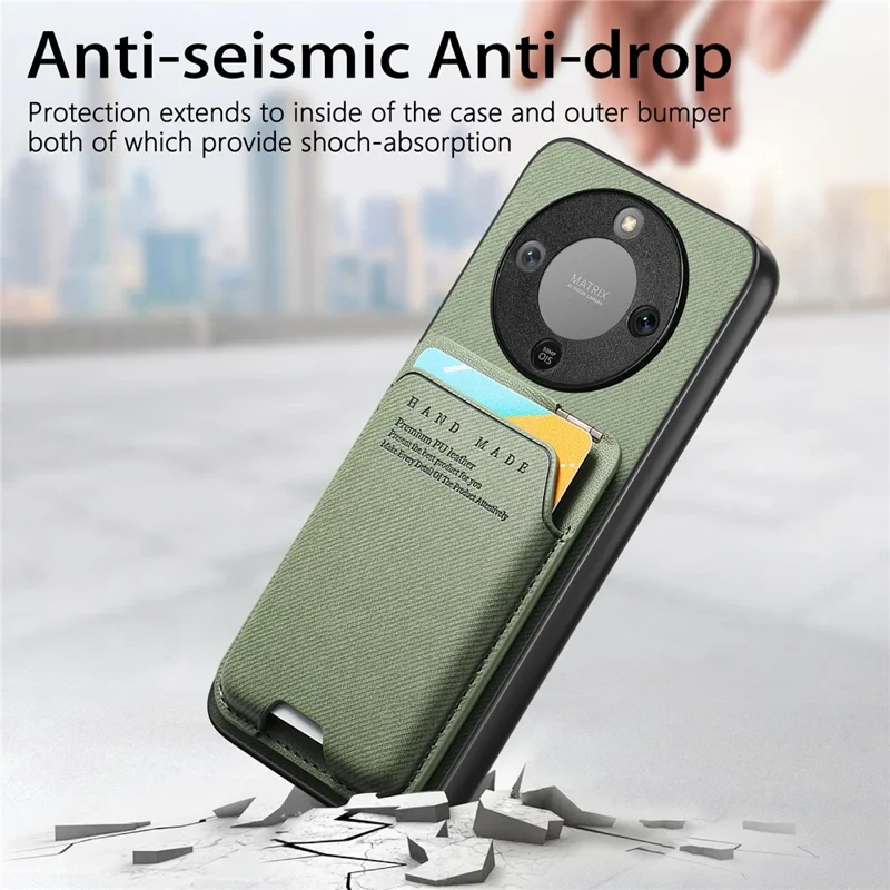 Phone Case For Honor Magic8 Lite 5G  /  X9d 5G  /  X70 5G Cloth Texture Leather + PC + TPU Cover with Card Holder Kickstand - Green