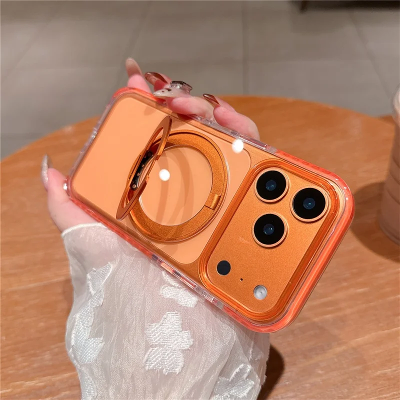 For iPhone 17 Pro Max Case Rotating Kickstand TPU PC Clear Phone Cover with Metal Buttons - Orange