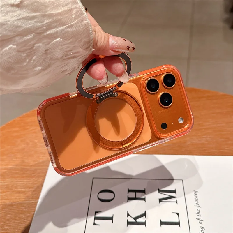 For iPhone 17 Pro Max Case Rotating Kickstand TPU PC Clear Phone Cover with Metal Buttons - Orange