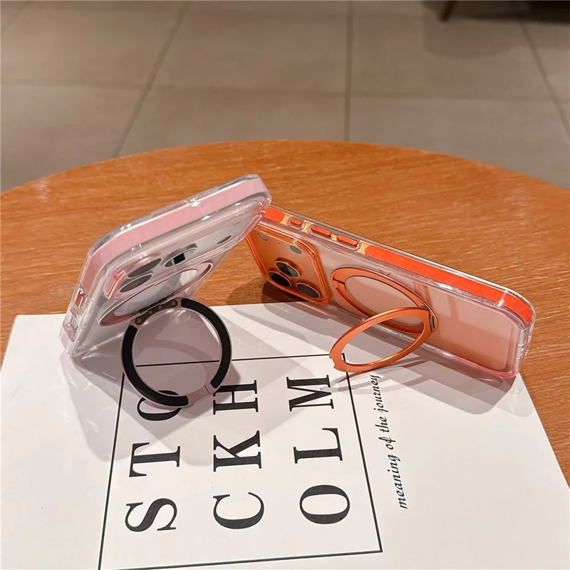 For iPhone 17 Pro Max Case Rotating Kickstand TPU PC Clear Phone Cover with Metal Buttons - Orange