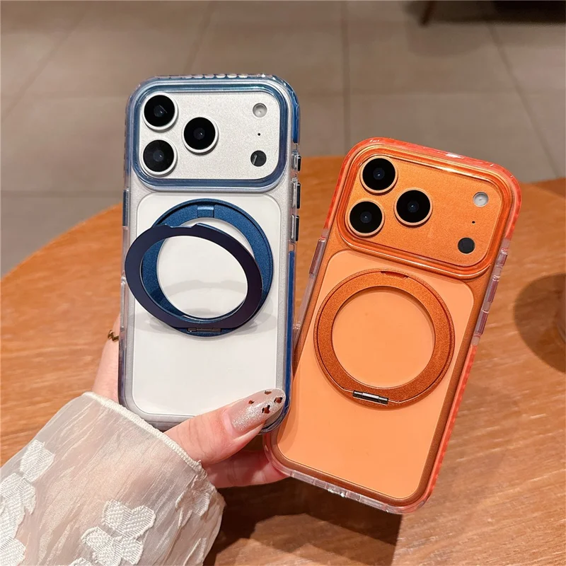 For iPhone 17 Pro Max Case Rotating Kickstand TPU PC Clear Phone Cover with Metal Buttons - Orange