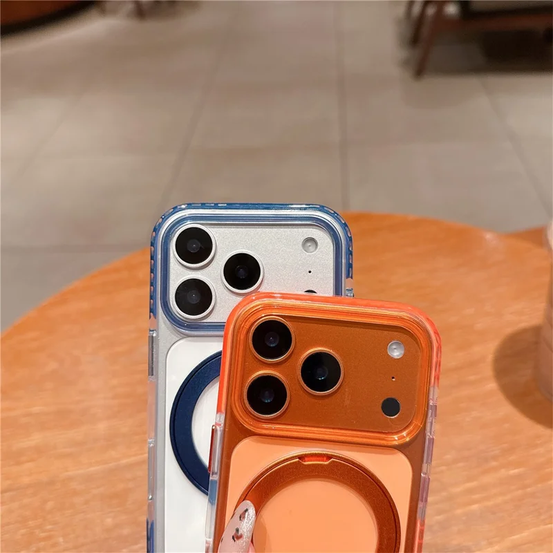 For iPhone 17 Pro Max Case Rotating Kickstand TPU PC Clear Phone Cover with Metal Buttons - Orange