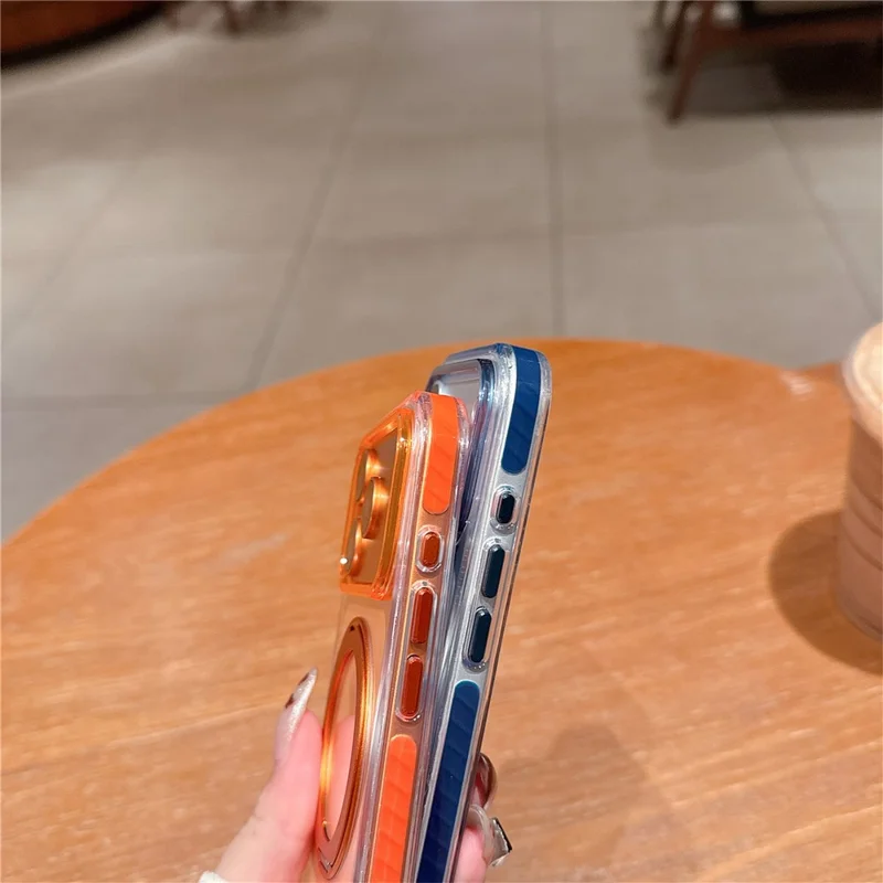 For iPhone 17 Pro Max Case Rotating Kickstand TPU PC Clear Phone Cover with Metal Buttons - Orange